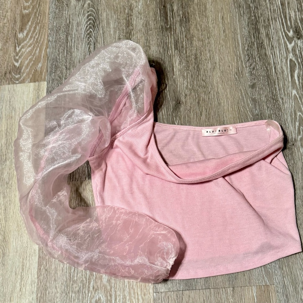 Blue Blush - One-Shoulder Top with Organza Sleeve - Size Small - Picture 2 of 4